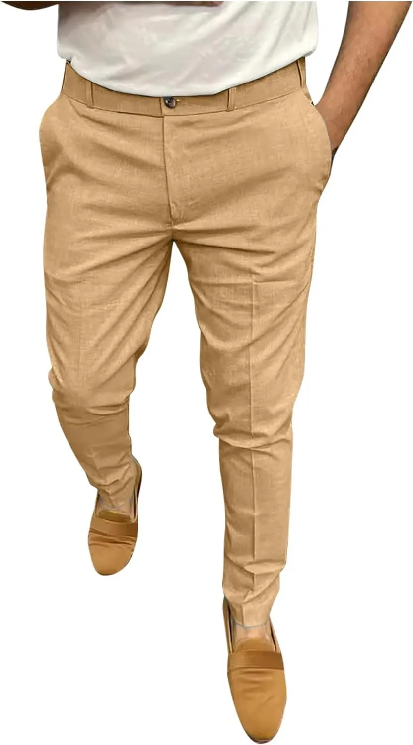 Men's Fashion Cotton Slim Fit Dress Pants Casual Business Skinny Stretch Chino Pants Golf Pencil Pants with Pockets