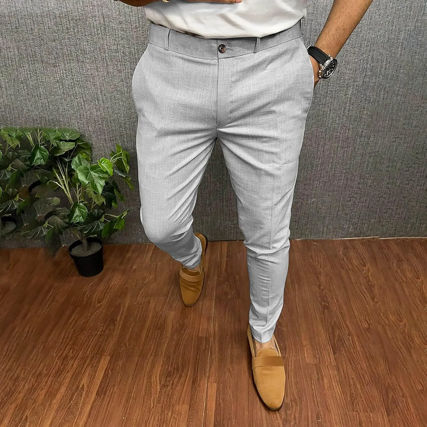 Men's Fashion Cotton Slim Fit Dress Pants Casual Business Skinny Stretch Chino Pants Golf Pencil Pants with Pockets