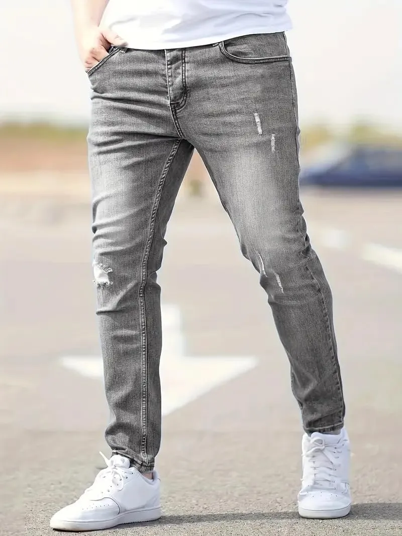 Mens Jeans Stretch Destroyed Ripped Skinny Jeans Slim Fit Denim Pants Comfort Fashion Tapered Pants Boyfriend Gift
