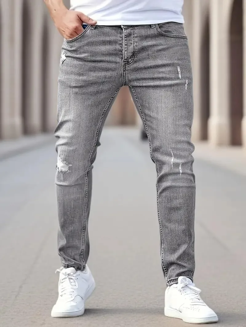 Mens Jeans Stretch Destroyed Ripped Skinny Jeans Slim Fit Denim Pants Comfort Fashion Tapered Pants Boyfriend Gift