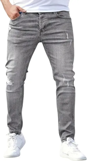 Mens Jeans Stretch Destroyed Ripped Skinny Jeans Slim Fit Denim Pants Comfort Fashion Tapered Pants Boyfriend Gift