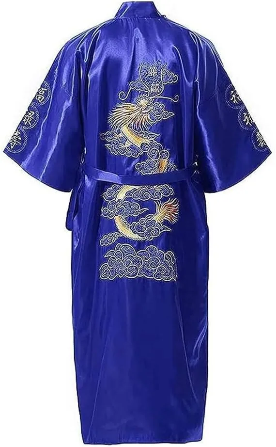 Mens Silk Kimono Robe Mens Japanese Silk Dragon Bathrobe Chinese Kimono Robe Men Open Front Long Cloak with Belt