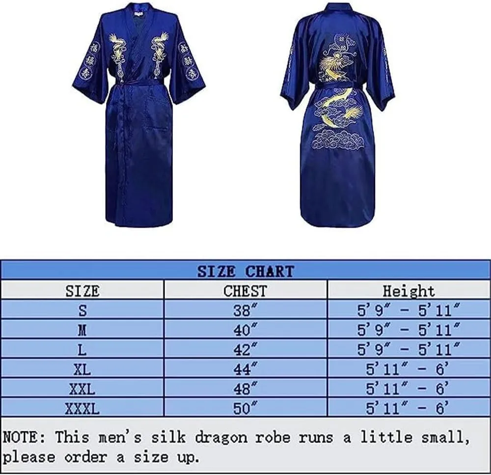 Mens Silk Kimono Robe Mens Japanese Silk Dragon Bathrobe Chinese Kimono Robe Men Open Front Long Cloak with Belt