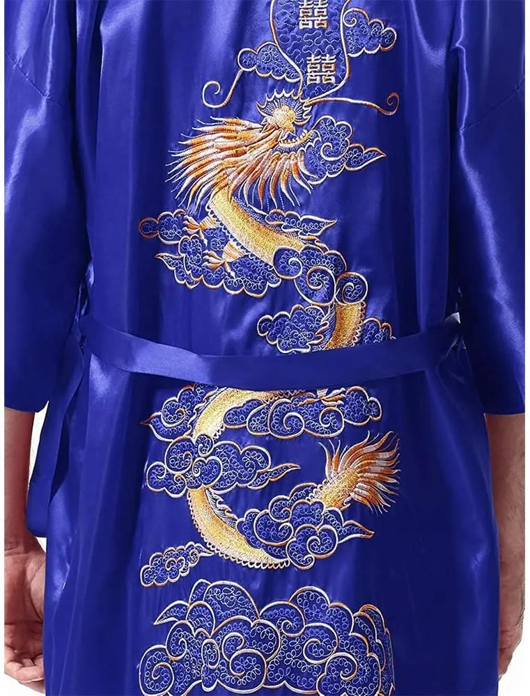 Mens Silk Kimono Robe Mens Japanese Silk Dragon Bathrobe Chinese Kimono Robe Men Open Front Long Cloak with Belt