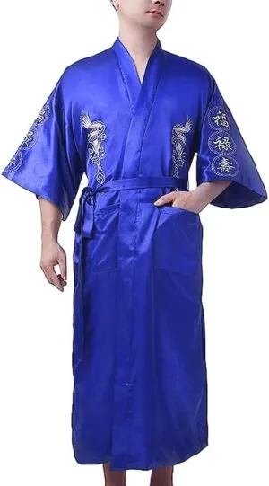 Mens Silk Kimono Robe Mens Japanese Silk Dragon Bathrobe Chinese Kimono Robe Men Open Front Long Cloak with Belt
