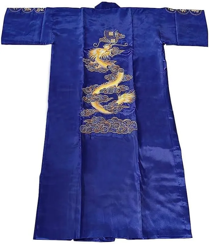 Mens Silk Kimono Robe Mens Japanese Silk Dragon Bathrobe Chinese Kimono Robe Men Open Front Long Cloak with Belt
