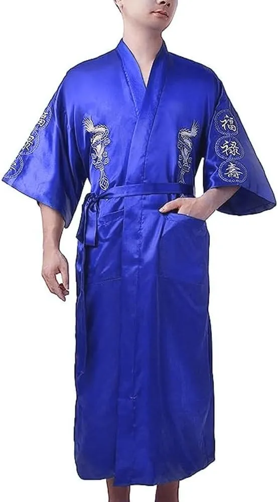 Mens Silk Kimono Robe Mens Japanese Silk Dragon Bathrobe Chinese Kimono Robe Men Open Front Long Cloak with Belt