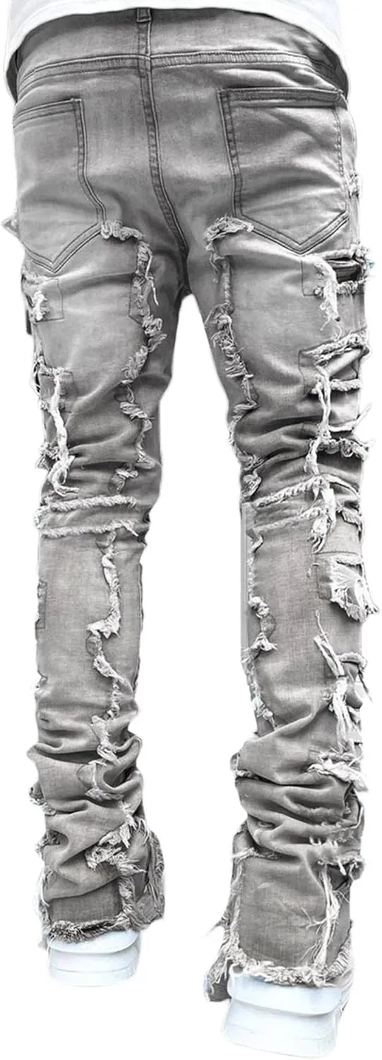 Men's Slim Fit Stretch Ripped Jeans Straight Leg Skinny Biker Jeans Fashion Vintage Distressed Hip Hop Denim Pants