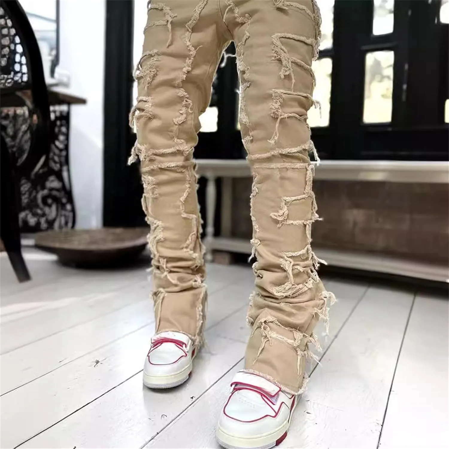Men's Slim Fit Stretch Ripped Jeans Straight Leg Skinny Biker Jeans Fashion Vintage Distressed Hip Hop Denim Pants
