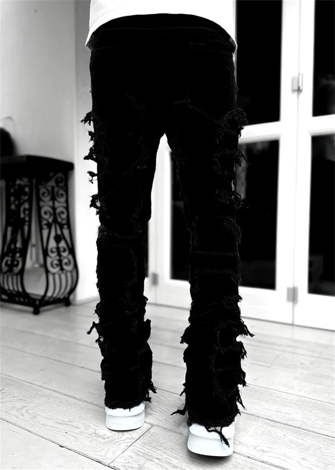 Mens Stacked Jeans Flared Regular Fit Low Stretch Jeans Vintage Denim Pants Straight Leg Jean Fashion Street Wear