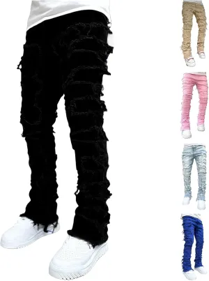 Mens Stacked Jeans Flared Regular Fit Low Stretch Jeans Vintage Denim Pants Straight Leg Jean Fashion Street Wear