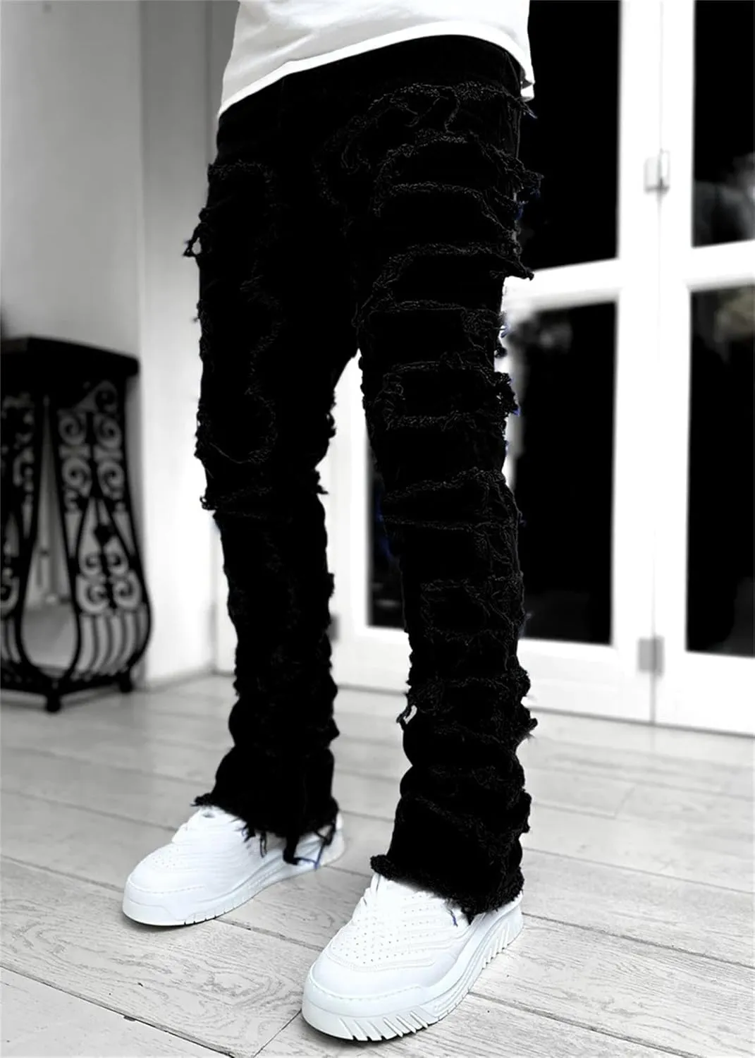 Mens Stacked Jeans Flared Regular Fit Low Stretch Jeans Vintage Denim Pants Straight Leg Jean Fashion Street Wear