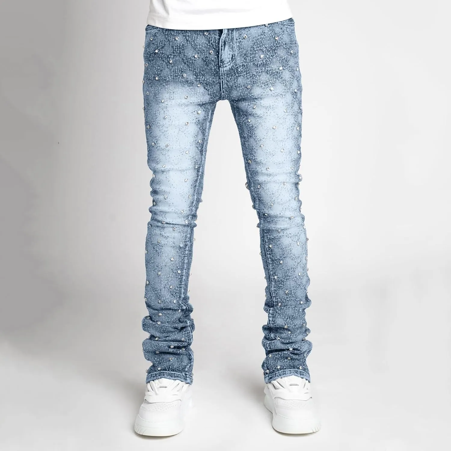 Mens Stacked Jeans Slim Fit Ripped Skinny Stretch Jeans Distressed Straight Denim Pants Hip Hop Trousers Streetwear