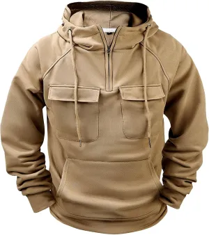 Men's Tactical Hoodies Solid Color Quarter Zip Sweatshirt Multi Pockets Jakcets Fleece Winter Warm Oversized Pullover