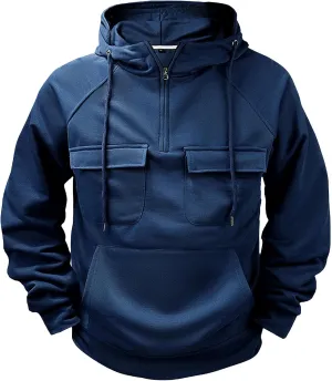 Men's Tactical Hoodies Solid Color Quarter Zip Sweatshirt Multi Pockets Jakcets Fleece Winter Warm Oversized Pullover