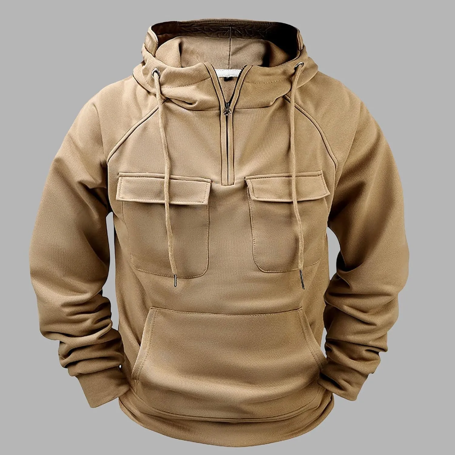 Men's Tactical Hoodies Solid Color Quarter Zip Sweatshirt Multi Pockets Jakcets Fleece Winter Warm Oversized Pullover