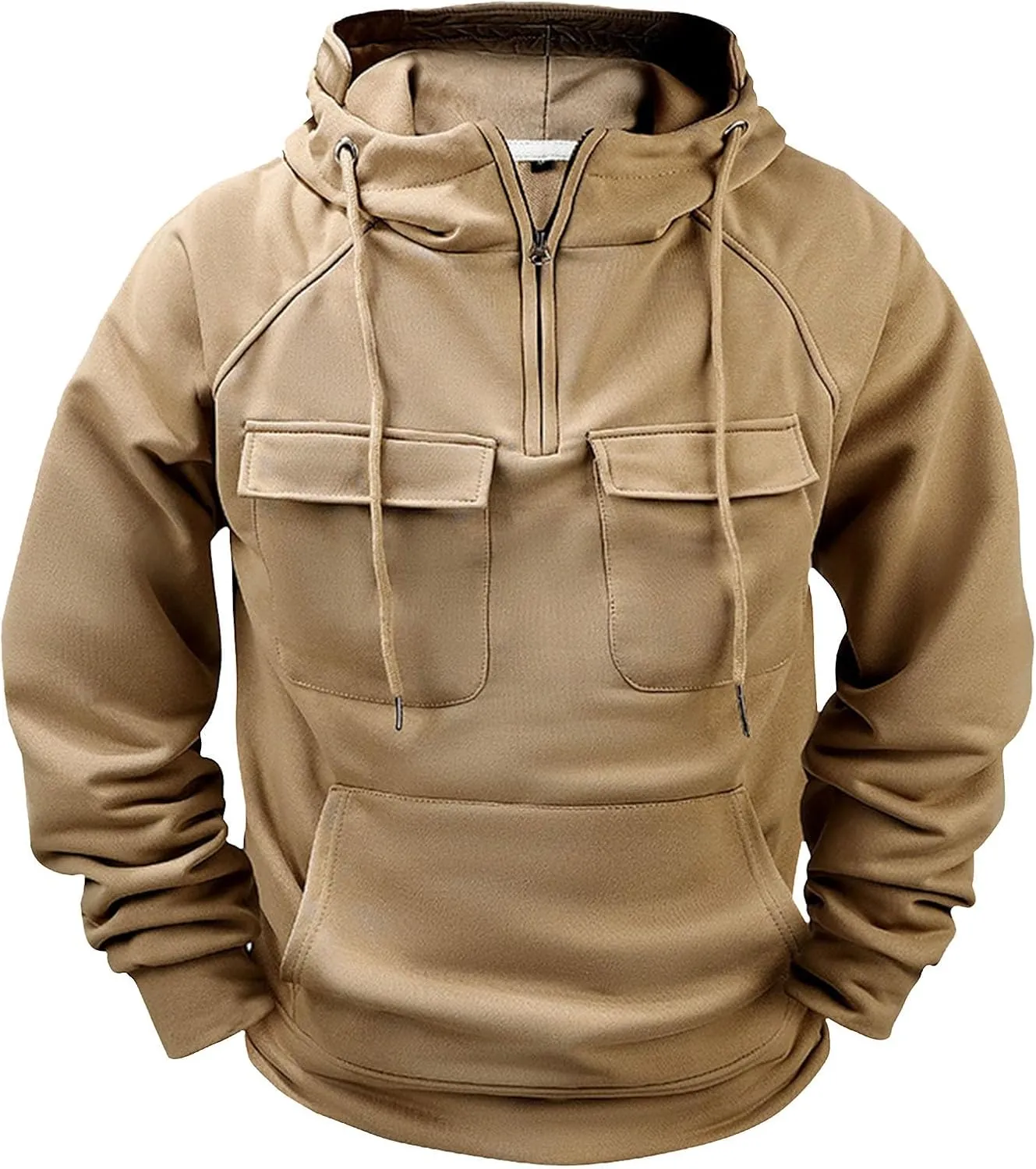 Men's Tactical Hoodies Solid Color Quarter Zip Sweatshirt Multi Pockets Jakcets Fleece Winter Warm Oversized Pullover