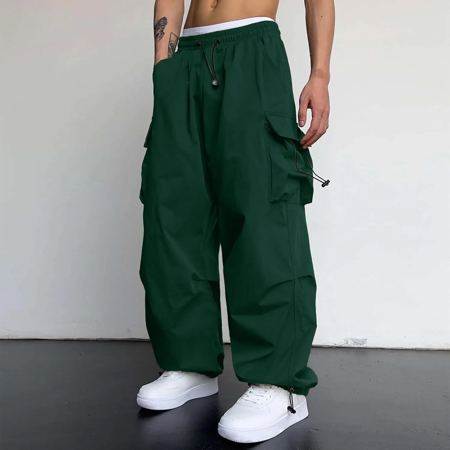 Mens Work Cargo Pant Cotton Stretchy Casual Joggers Drawstring Elastic Waist Outdoor Pants Multi Pockets