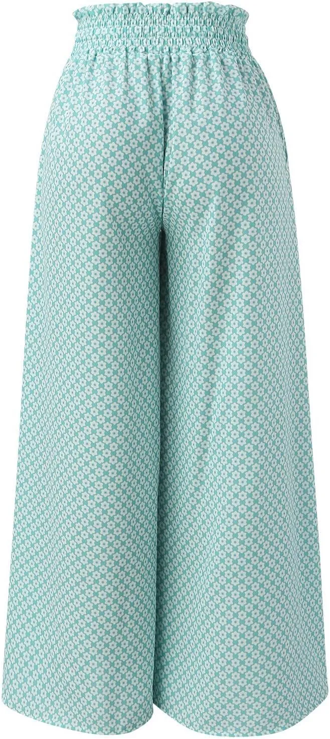 Miyaomn Womens Casual Elastic Waist Wide Leg Pants 2024 Summer Floral Solid Flowy Pockets Palazzo Pants Lounge Beach Trousers
