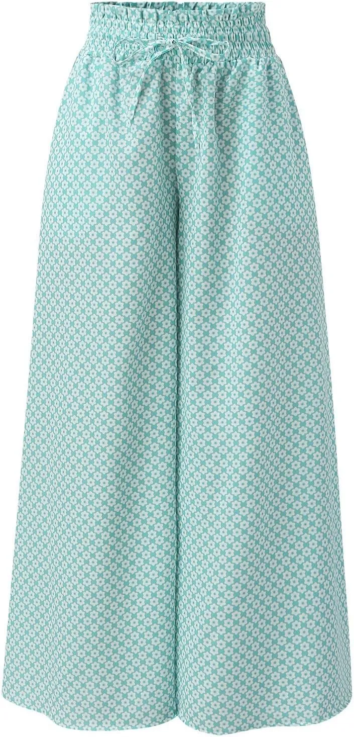 Miyaomn Womens Casual Elastic Waist Wide Leg Pants 2024 Summer Floral Solid Flowy Pockets Palazzo Pants Lounge Beach Trousers
