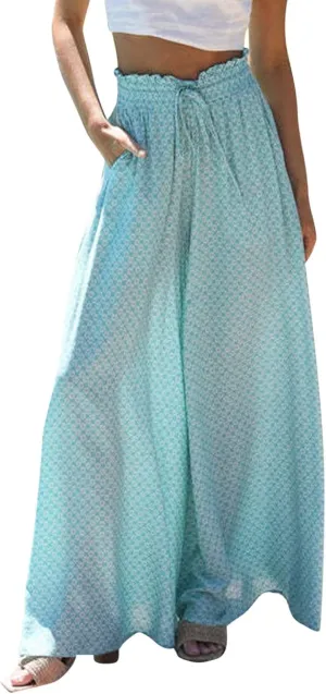 Miyaomn Womens Casual Elastic Waist Wide Leg Pants 2024 Summer Floral Solid Flowy Pockets Palazzo Pants Lounge Beach Trousers