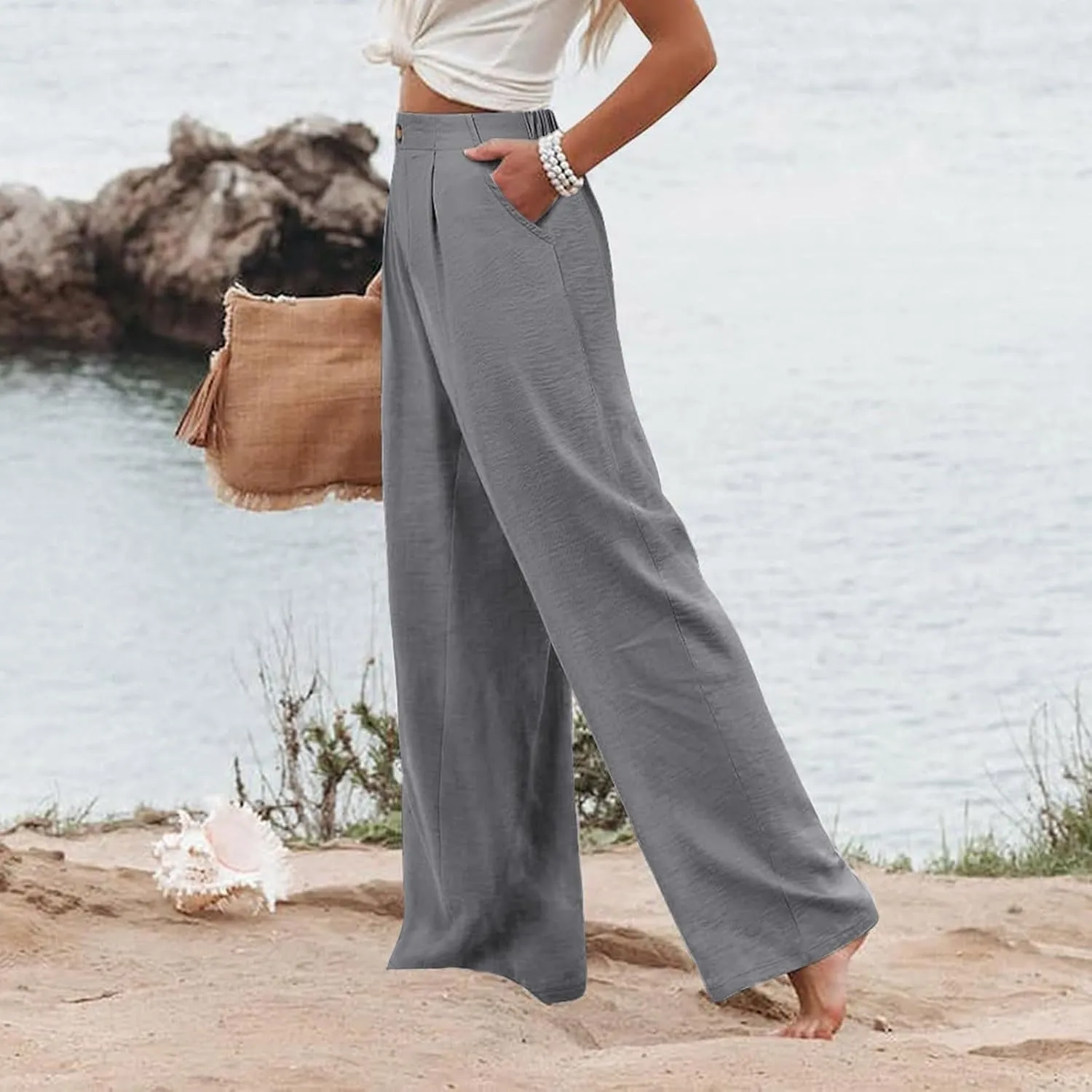 Mmoneyake Wide Leg Pants for Women High Waist Long Palazzo Pants Button Down Loose Business Work Office Trousers with Pockets