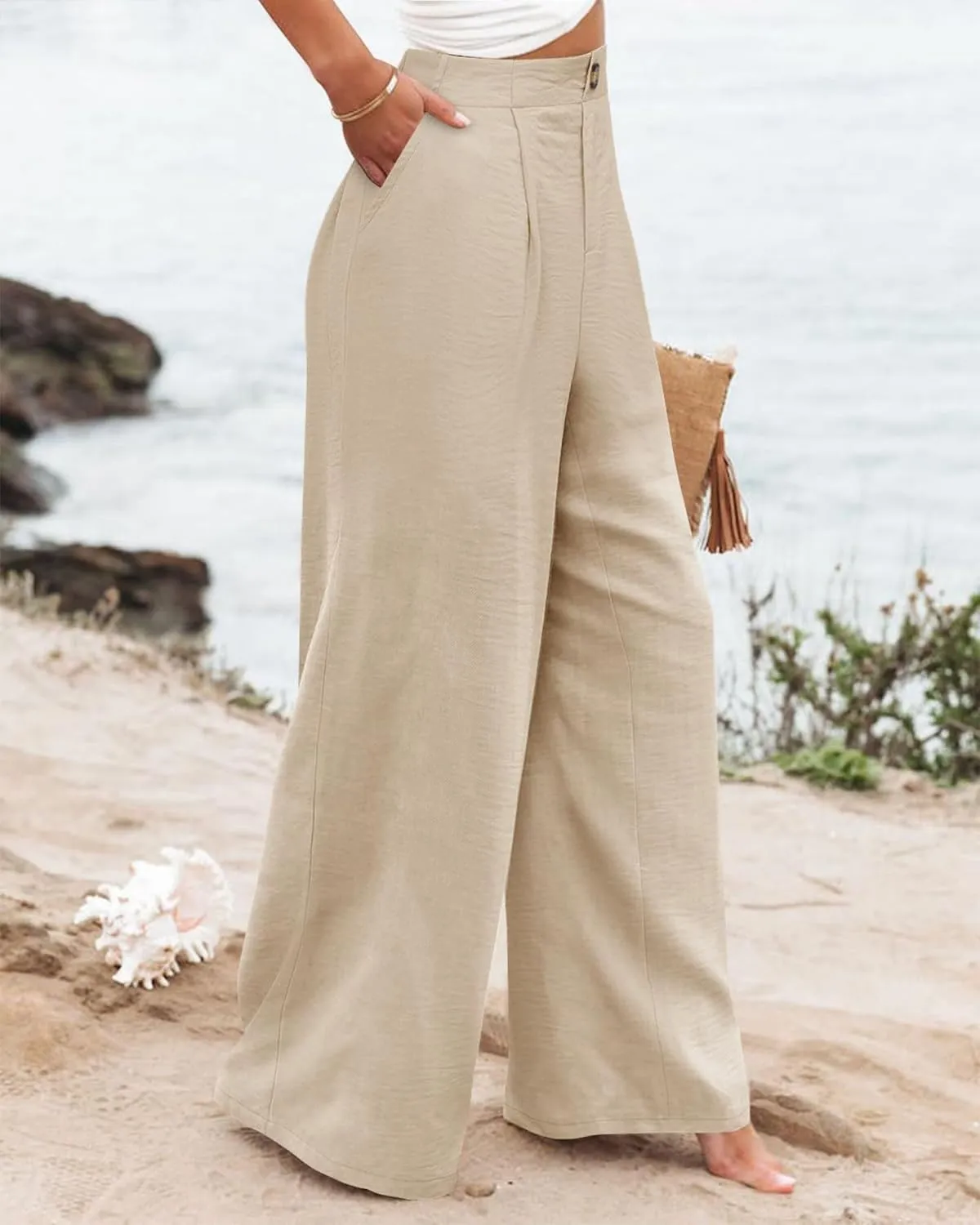 Mmoneyake Wide Leg Pants for Women High Waist Long Palazzo Pants Button Down Loose Business Work Office Trousers with Pockets