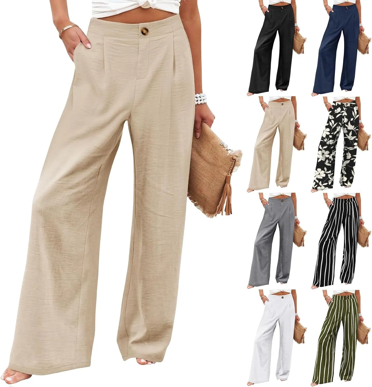 Mmoneyake Wide Leg Pants for Women High Waist Long Palazzo Pants Button Down Loose Business Work Office Trousers with Pockets