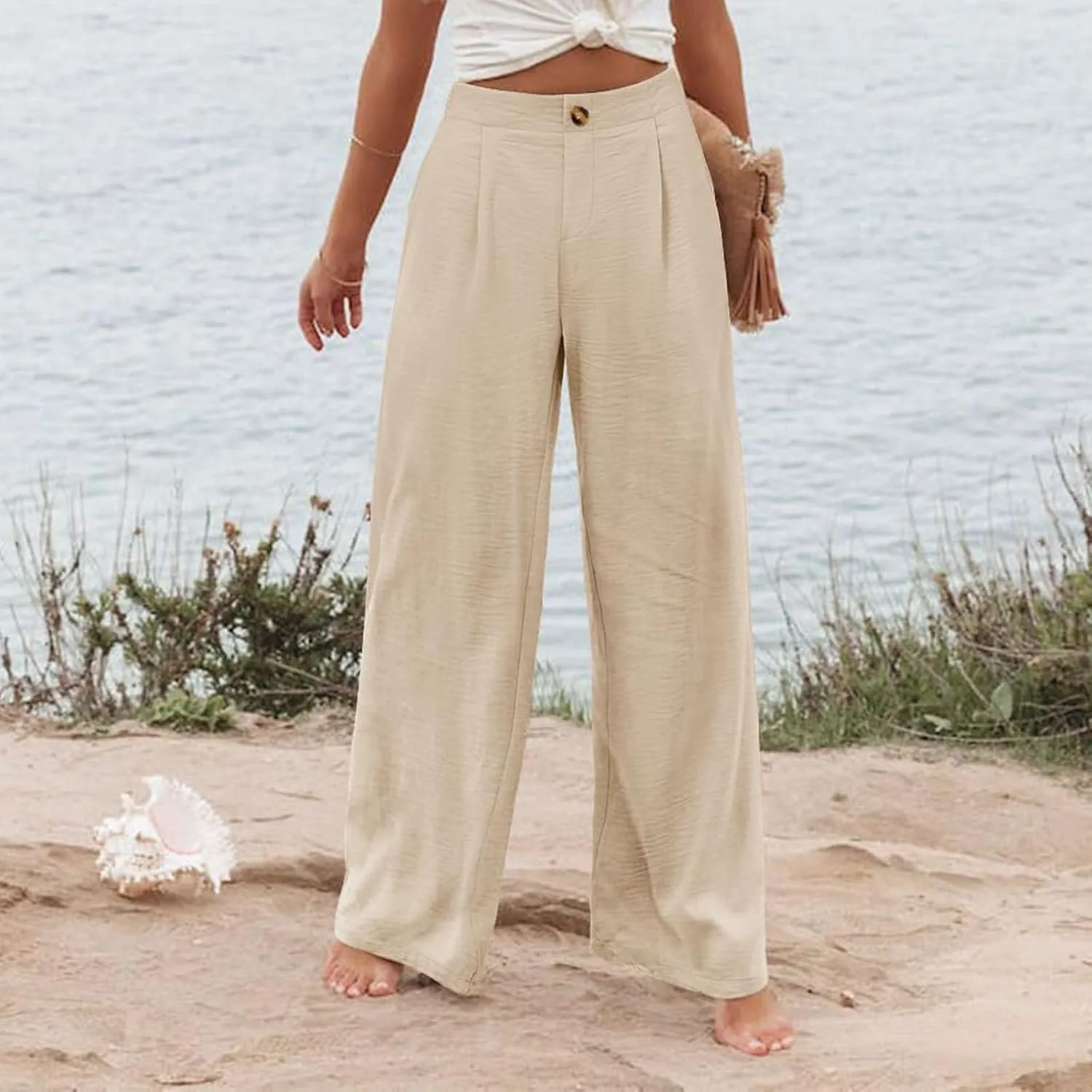Mmoneyake Wide Leg Pants for Women High Waist Long Palazzo Pants Button Down Loose Business Work Office Trousers with Pockets