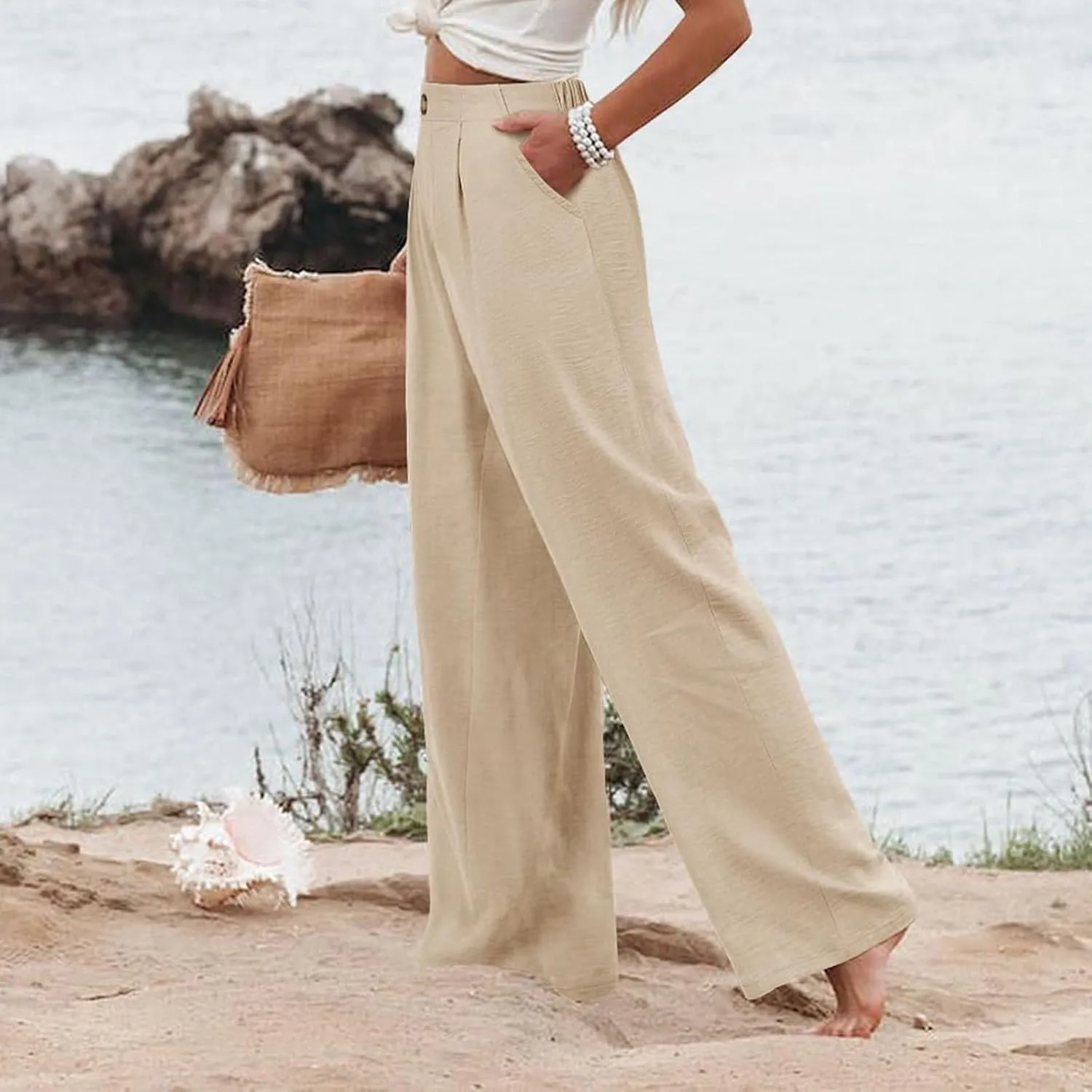 Mmoneyake Wide Leg Pants for Women High Waist Long Palazzo Pants Button Down Loose Business Work Office Trousers with Pockets