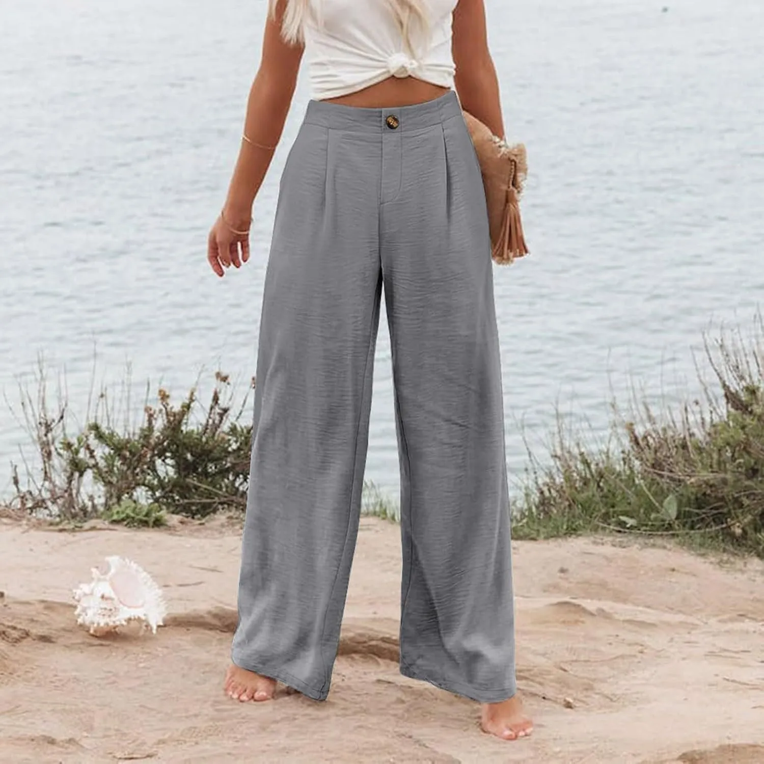 Mmoneyake Wide Leg Pants for Women High Waist Long Palazzo Pants Button Down Loose Business Work Office Trousers with Pockets