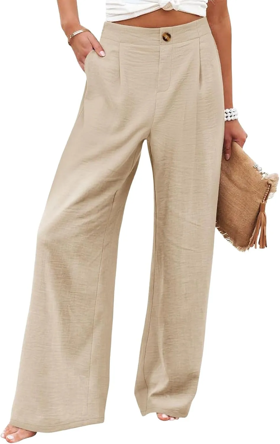 Mmoneyake Wide Leg Pants for Women High Waist Long Palazzo Pants Button Down Loose Business Work Office Trousers with Pockets