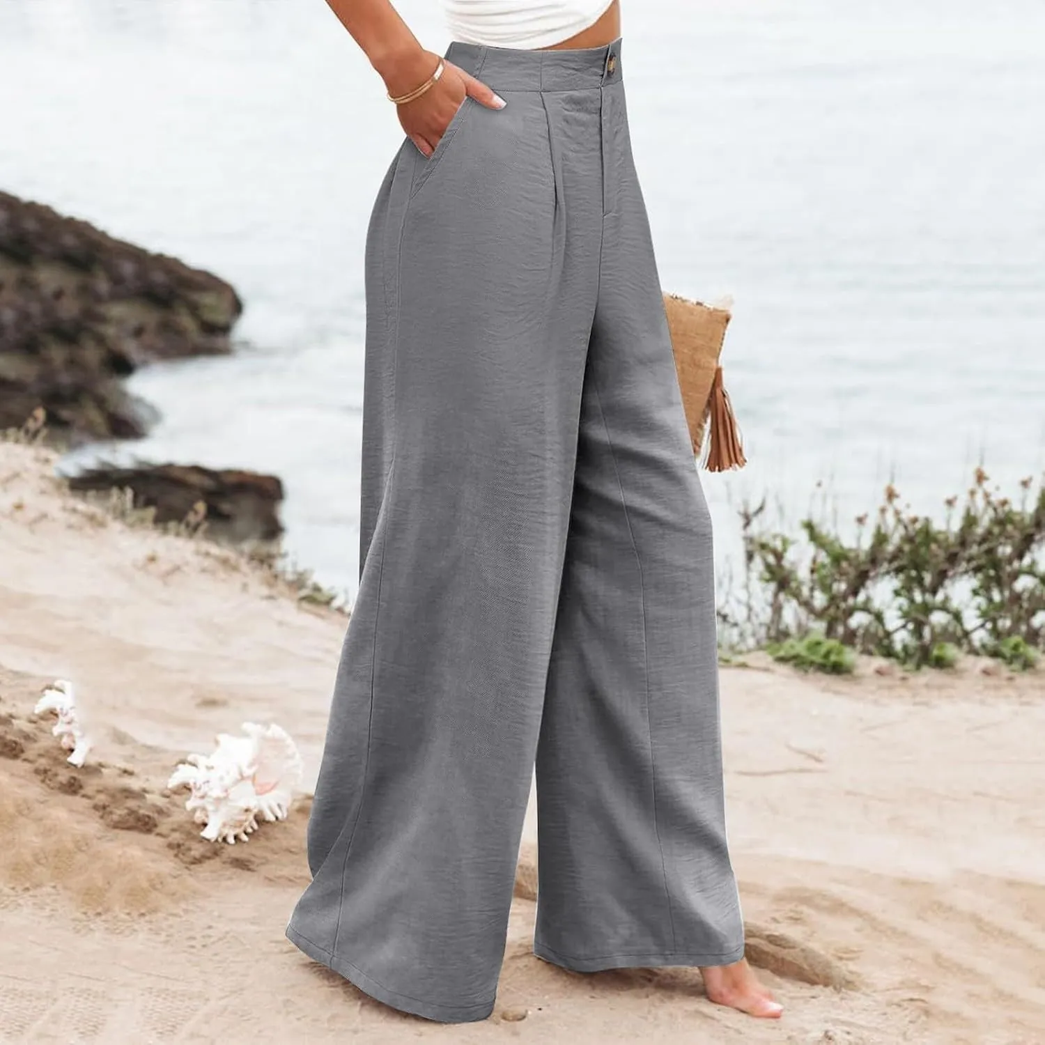 Mmoneyake Wide Leg Pants for Women High Waist Long Palazzo Pants Button Down Loose Business Work Office Trousers with Pockets
