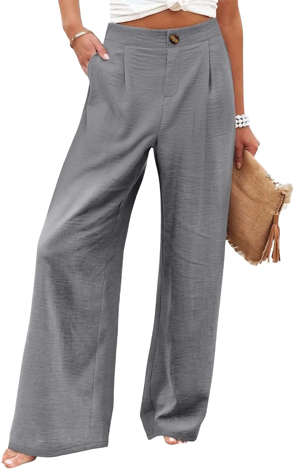 Mmoneyake Wide Leg Pants for Women High Waist Long Palazzo Pants Button Down Loose Business Work Office Trousers with Pockets