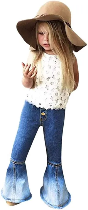 MODNTOGA Baby Girls Denim Bell Bottom Jeans Vintage Toddler Kid Flare Pants Jeans Western Little Cowgirl Outfit Hippie Pants