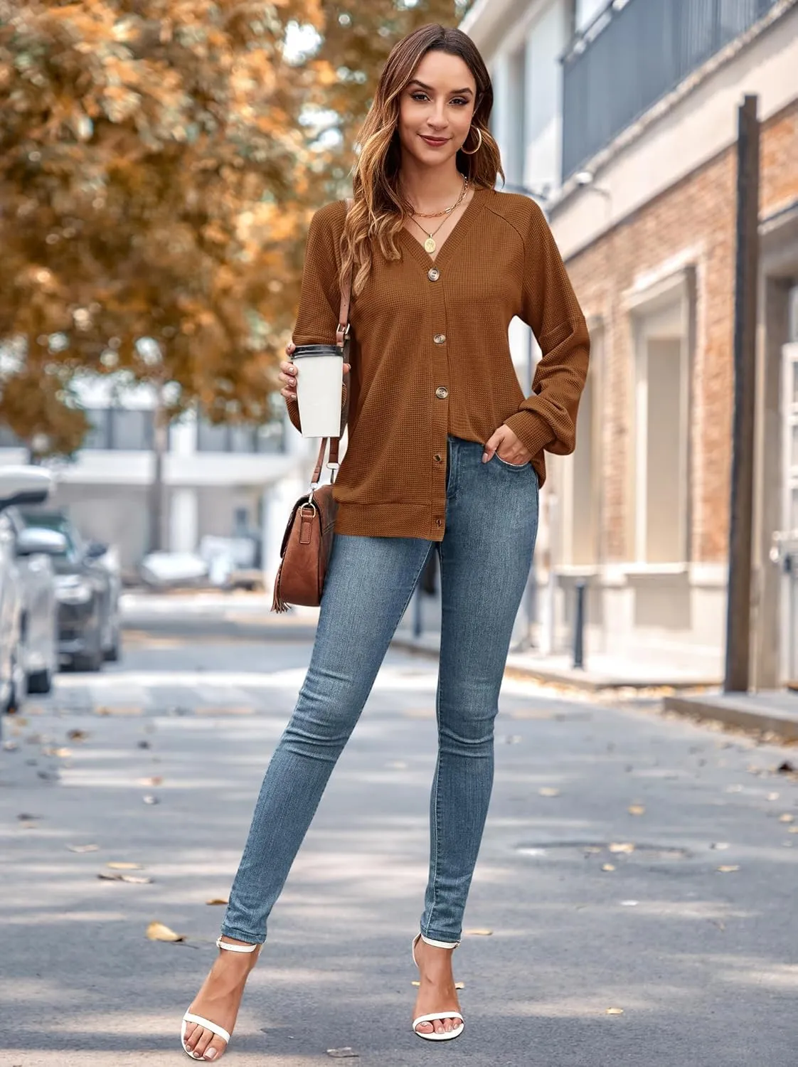 MOLERANI Women Cardigan Sweaters V Neck Button Open Front Waffle Knit 2024 Fall Loose Oversized Lightweight Cardigans