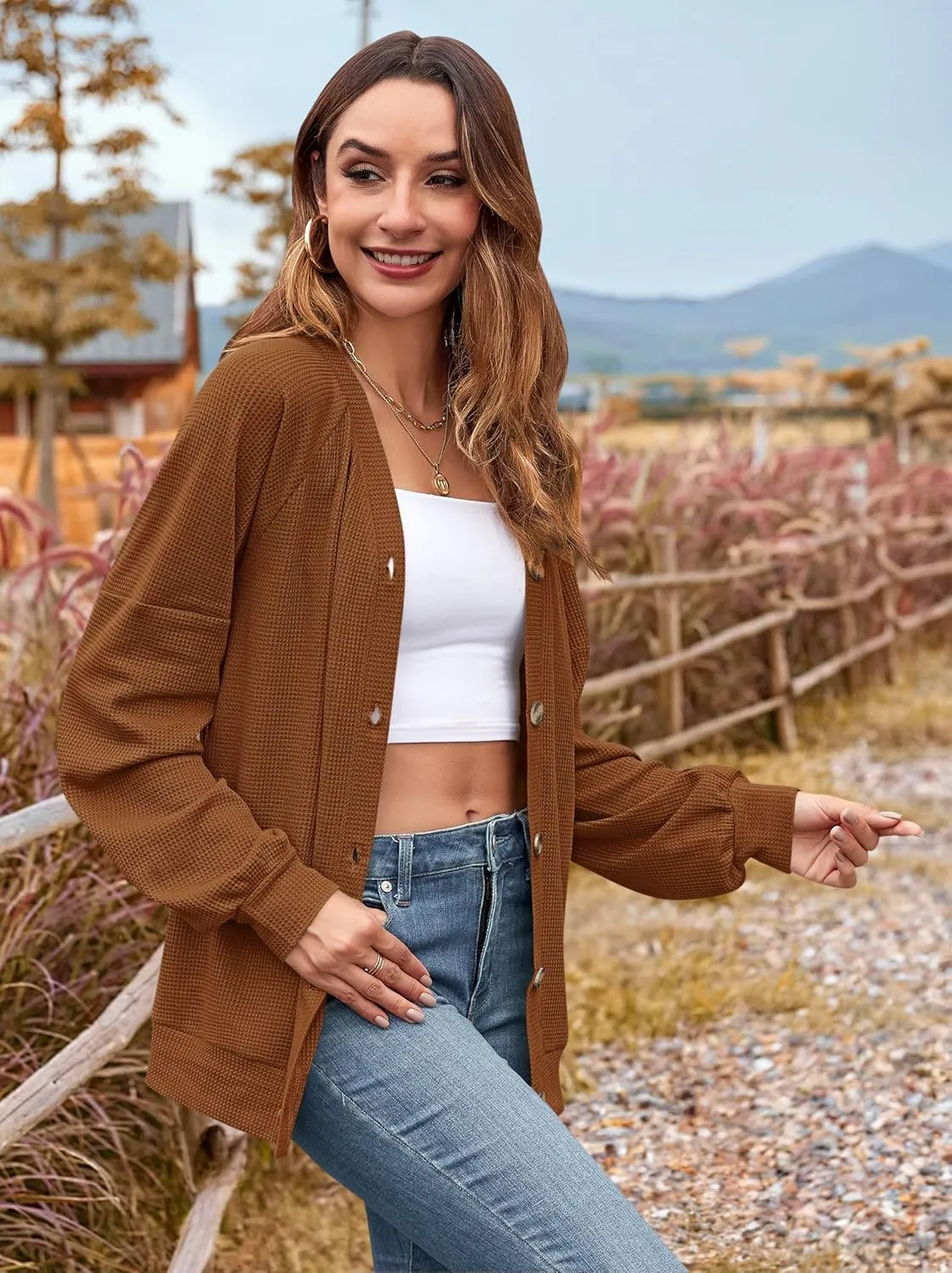 MOLERANI Women Cardigan Sweaters V Neck Button Open Front Waffle Knit 2024 Fall Loose Oversized Lightweight Cardigans