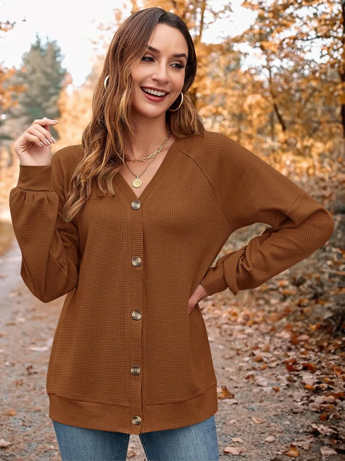 MOLERANI Women Cardigan Sweaters V Neck Button Open Front Waffle Knit 2024 Fall Loose Oversized Lightweight Cardigans