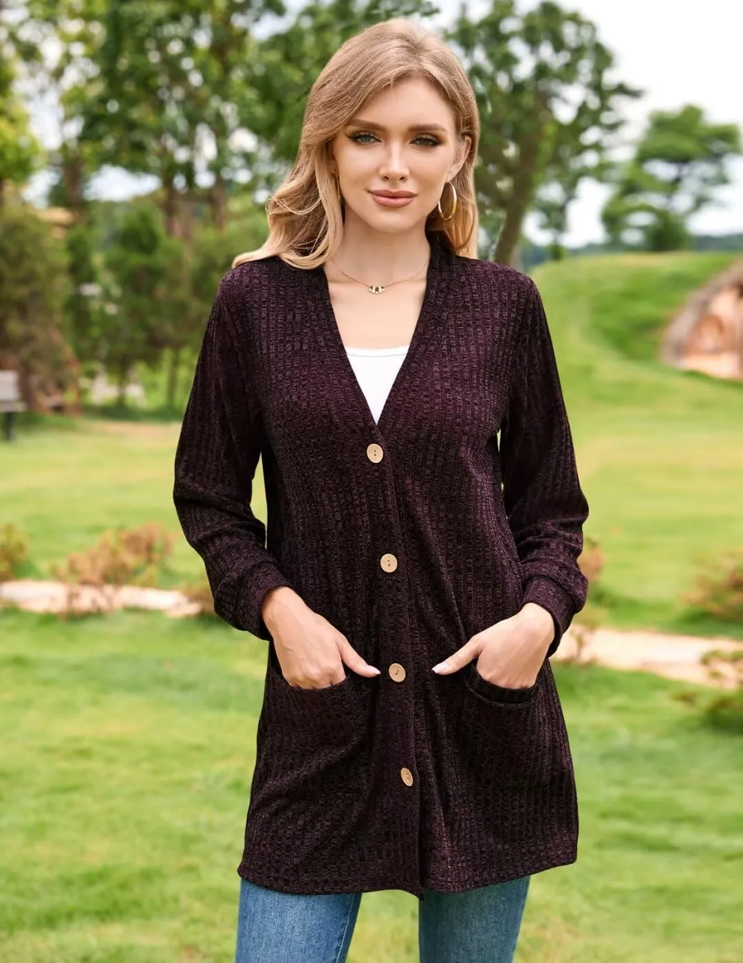 MONNURO Plus Size Cardigan for Women Lightweight Long Sleeve Button Down Sweaters Work Tops with Pockets