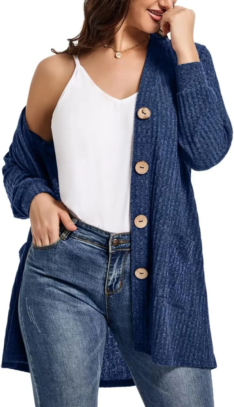 MONNURO Plus Size Cardigan for Women Lightweight Long Sleeve Button Down Sweaters Work Tops with Pockets