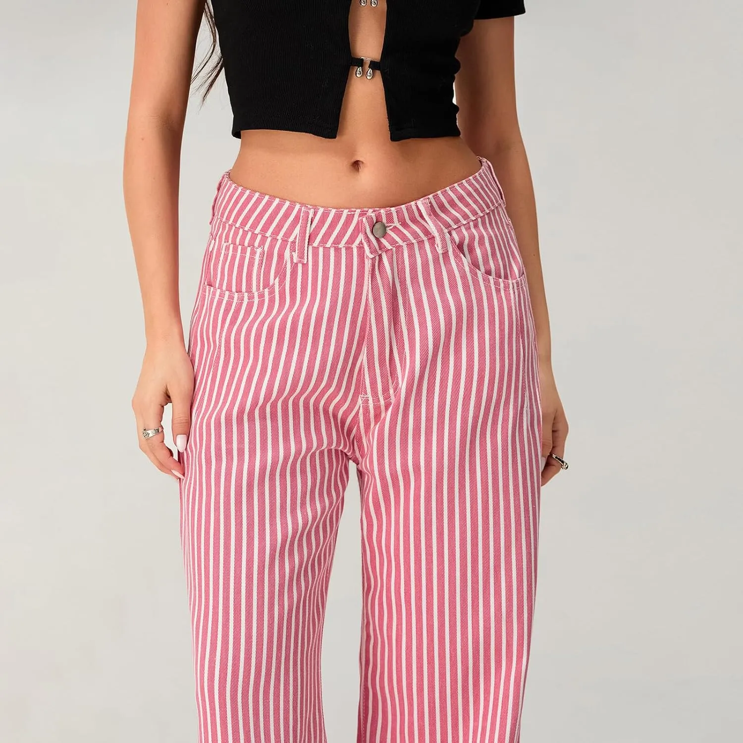 Mxiqqpltky Y2k Striped Bell Bottom Jeans Women High Waisted Boyfriend Denim Pants Baggy Wide Leg Stretchy Bootcut Flare Jeans