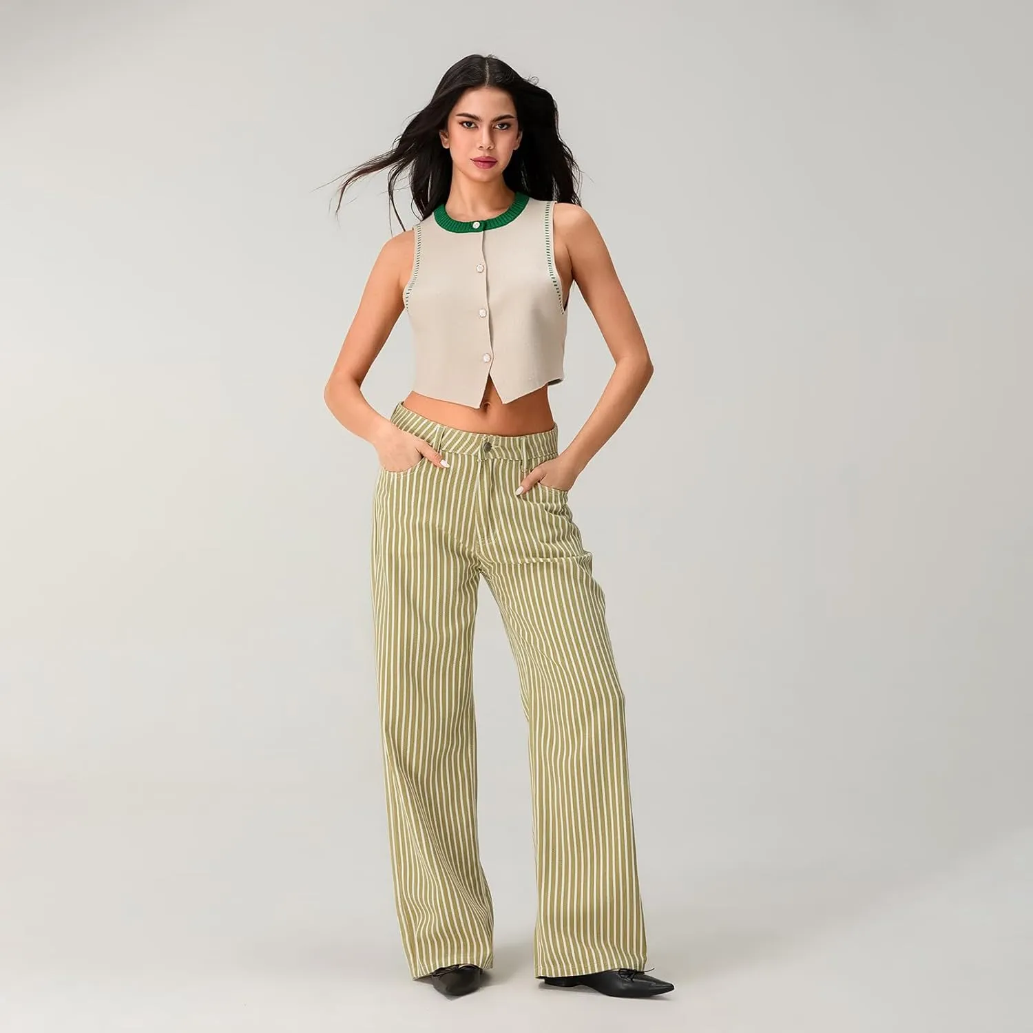 Mxiqqpltky Y2k Striped Bell Bottom Jeans Women High Waisted Boyfriend Denim Pants Baggy Wide Leg Stretchy Bootcut Flare Jeans