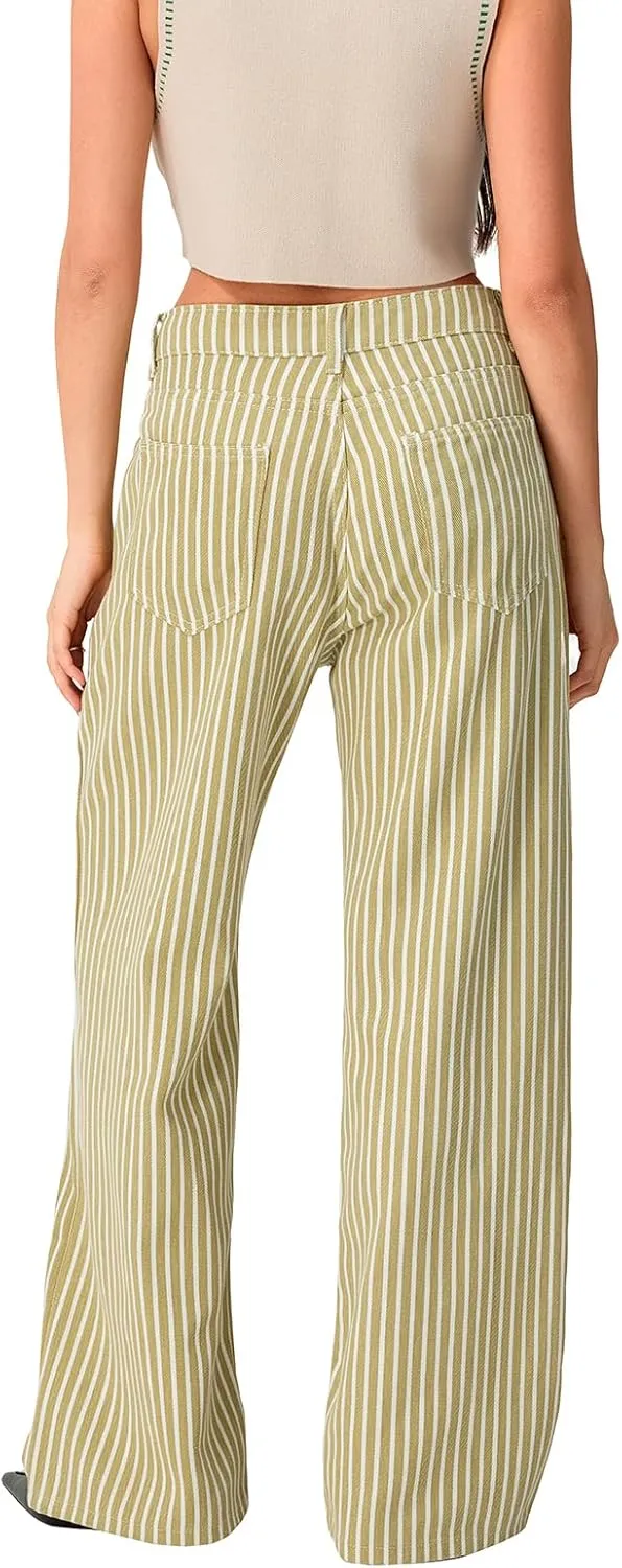 Mxiqqpltky Y2k Striped Bell Bottom Jeans Women High Waisted Boyfriend Denim Pants Baggy Wide Leg Stretchy Bootcut Flare Jeans