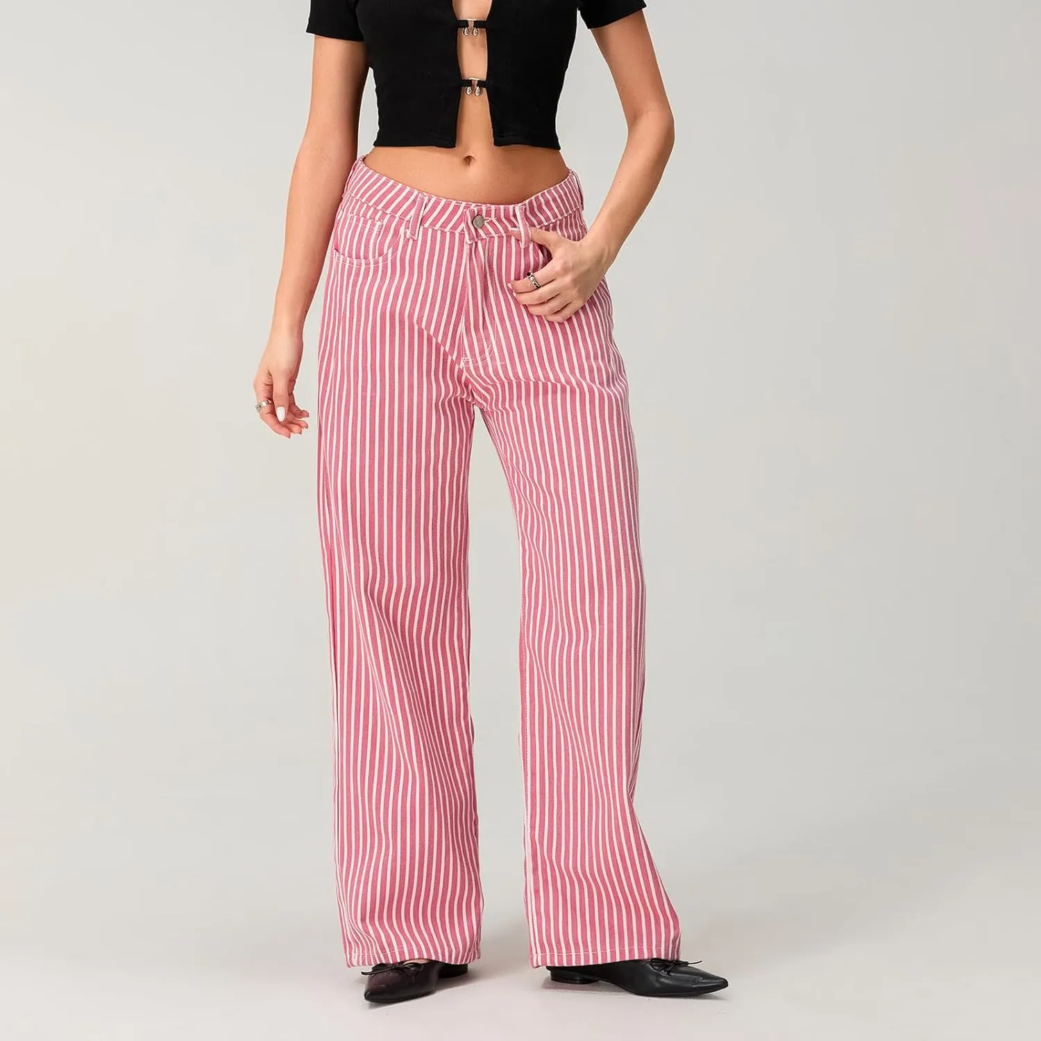 Mxiqqpltky Y2k Striped Bell Bottom Jeans Women High Waisted Boyfriend Denim Pants Baggy Wide Leg Stretchy Bootcut Flare Jeans