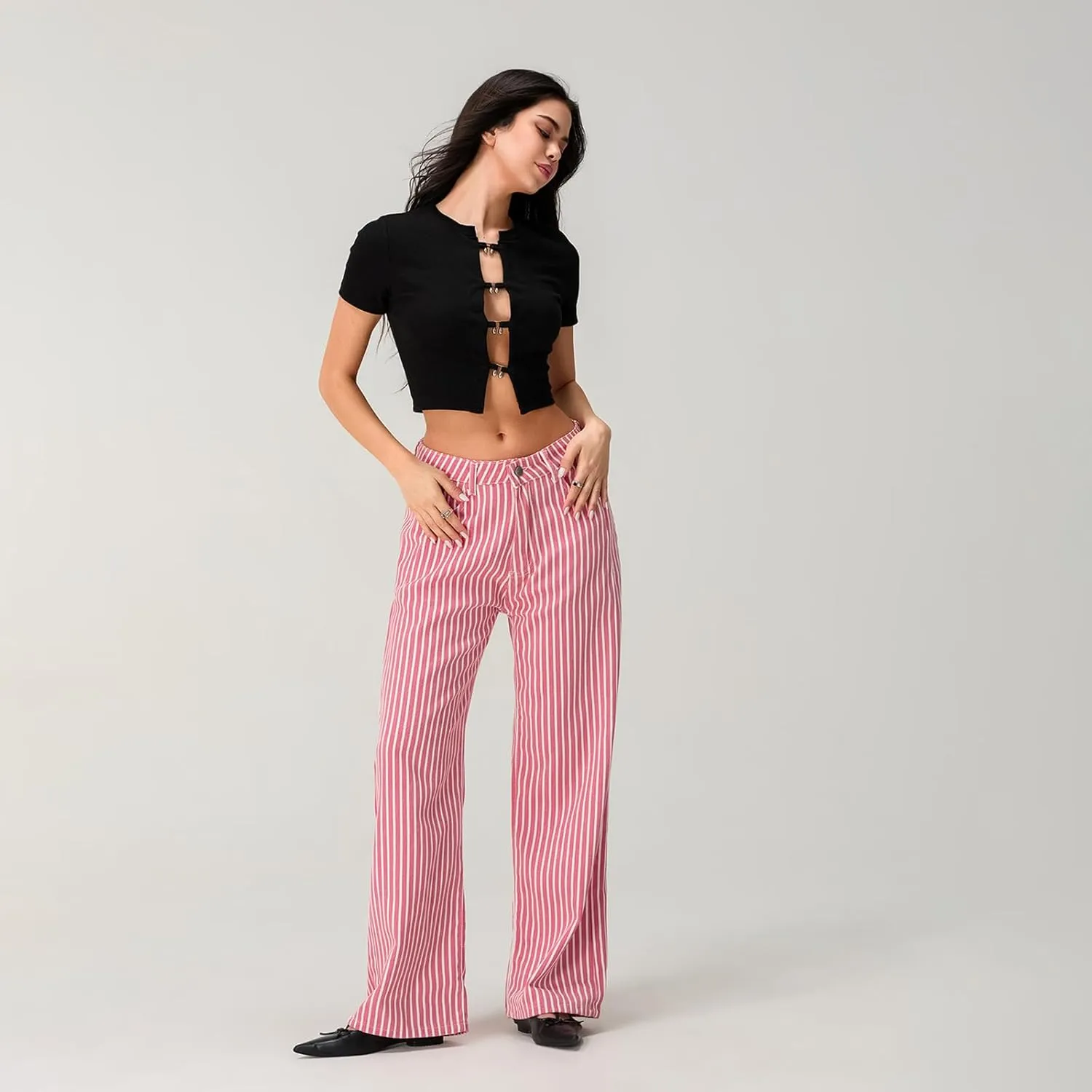 Mxiqqpltky Y2k Striped Bell Bottom Jeans Women High Waisted Boyfriend Denim Pants Baggy Wide Leg Stretchy Bootcut Flare Jeans