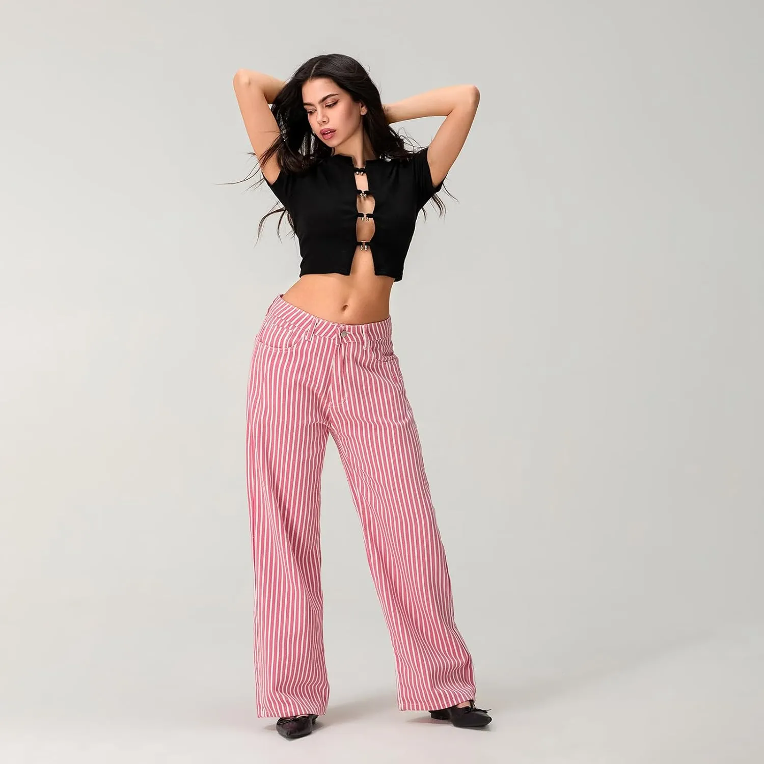 Mxiqqpltky Y2k Striped Bell Bottom Jeans Women High Waisted Boyfriend Denim Pants Baggy Wide Leg Stretchy Bootcut Flare Jeans