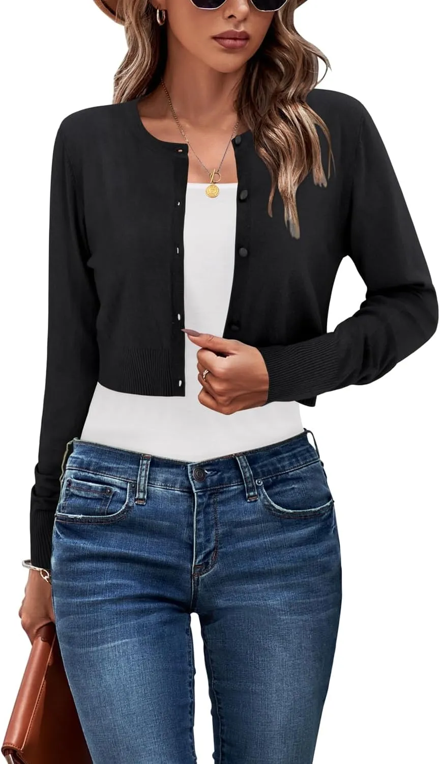 Newshows Cropped Cardigan Sweaters for Women 2025 Crew Neck Button Down Open Front Knit Bolero Shrugs