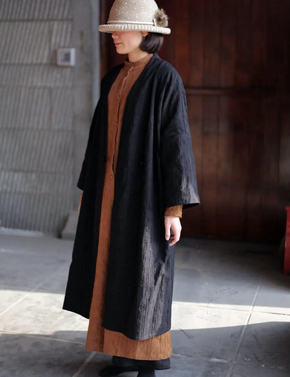 NFYM Women's Jacqurd Cotton Trench Coat Lightweight Solid 3/4 Sleeve Kimono Jacket Loose Chinese Style Windbreaker