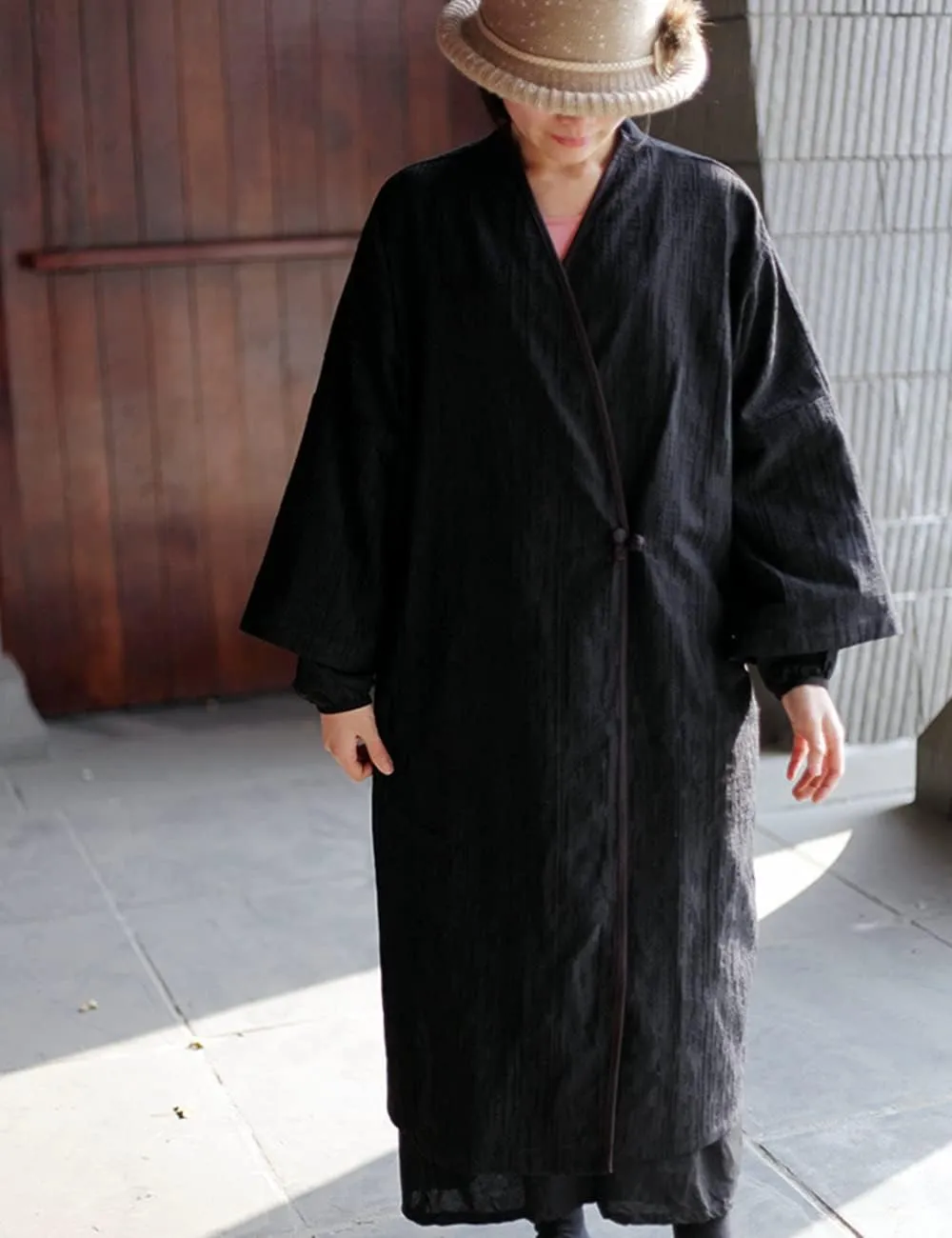 NFYM Women's Jacqurd Cotton Trench Coat Lightweight Solid 3/4 Sleeve Kimono Jacket Loose Chinese Style Windbreaker