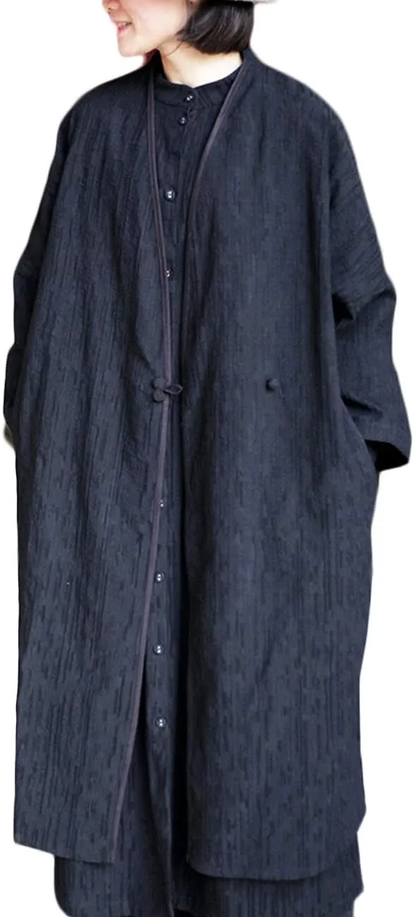 NFYM Women's Jacqurd Cotton Trench Coat Lightweight Solid 3/4 Sleeve Kimono Jacket Loose Chinese Style Windbreaker